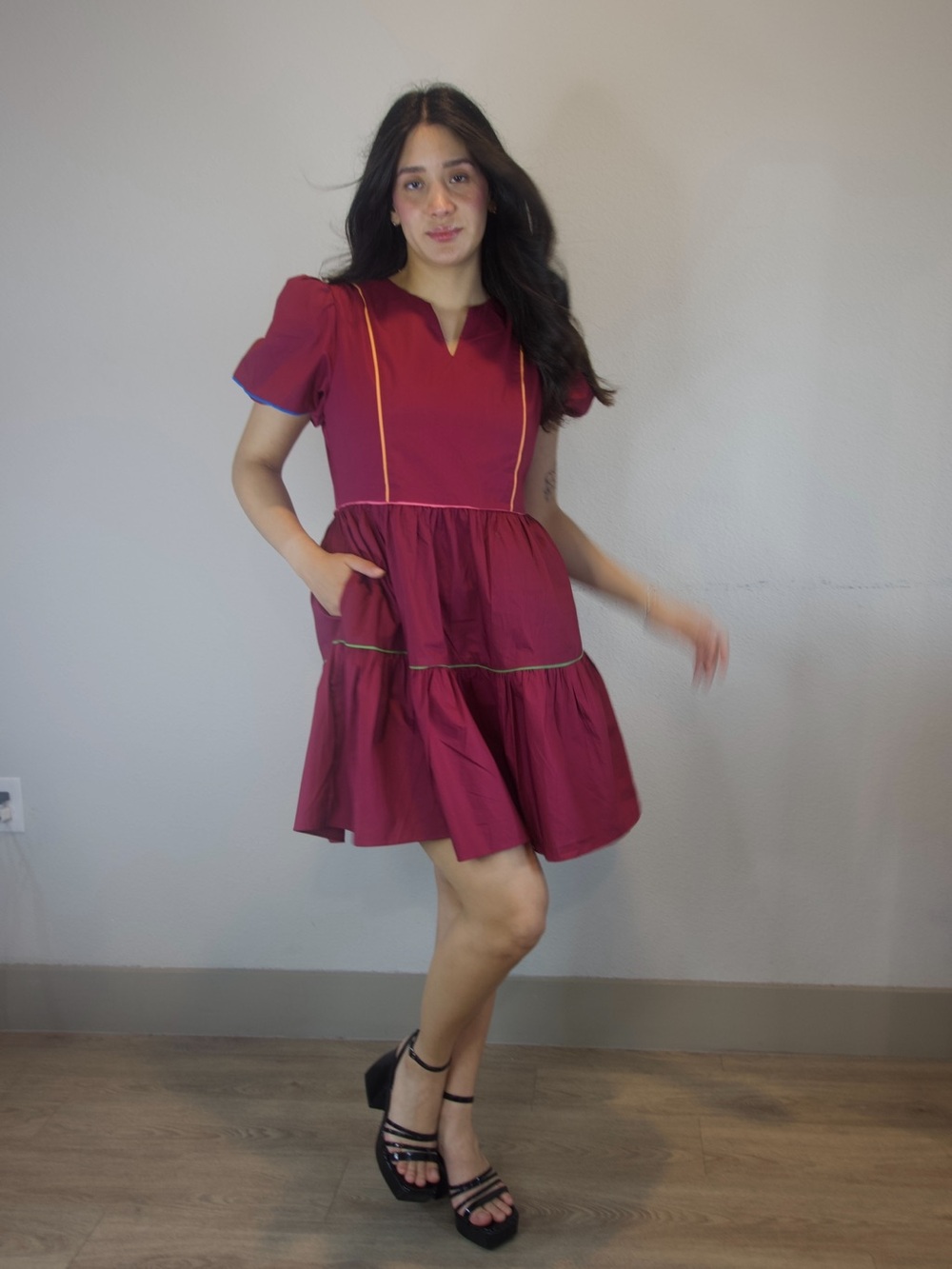 Avara Burgundy Puff Sleeve Tiered Mini Dress Size M